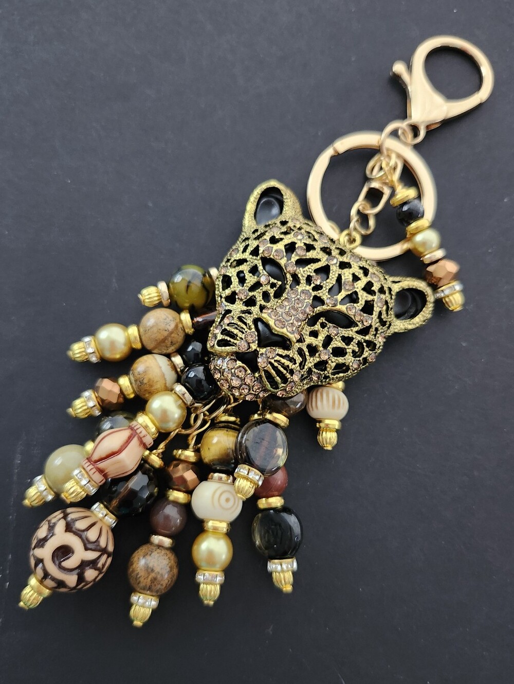 Leopard Rhinestone Purse Charm Tigers Eye Agate Jasper Handcrafted